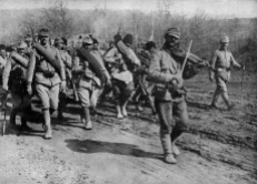 WWI, First World War. Romanian allies. The Romanian Army goes to the front of the sound of the violin. 1917